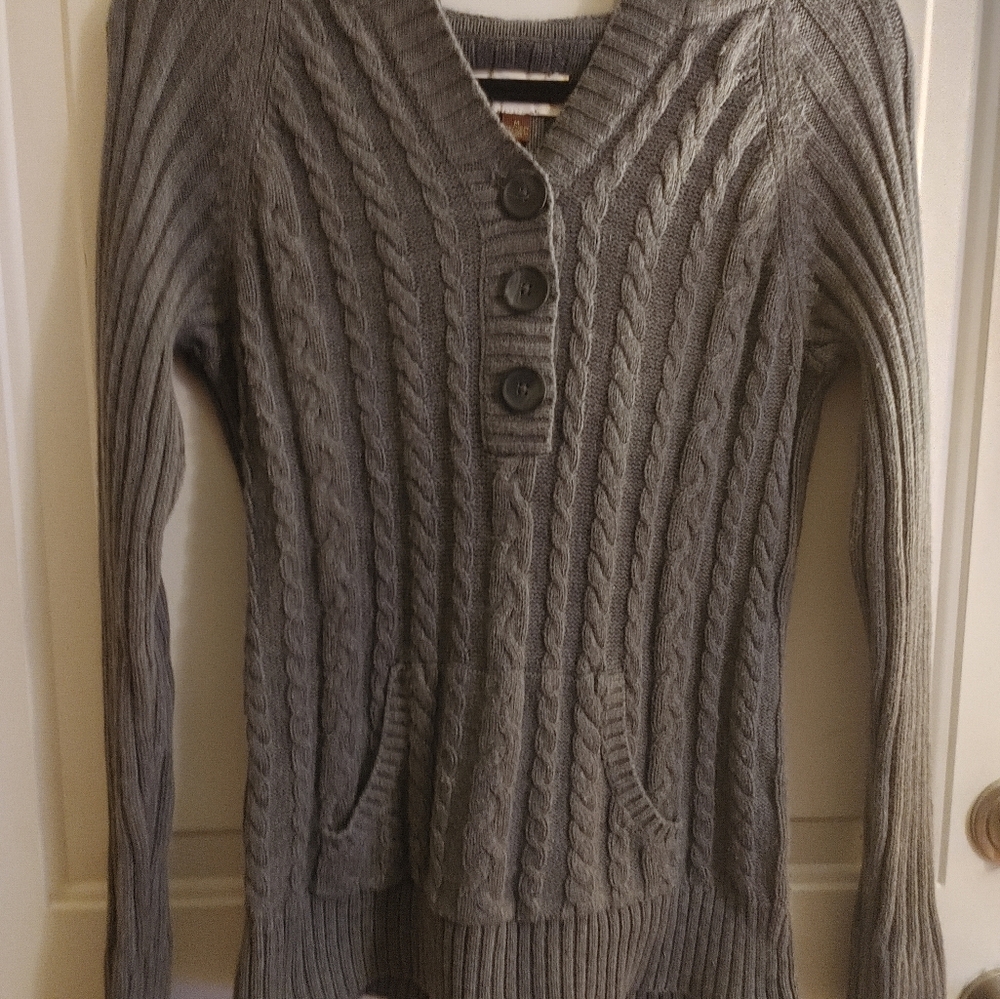 Sonoma Pullover Hooded Cable Knit sweater women' Sz M Gray Front pocket 3 Button
